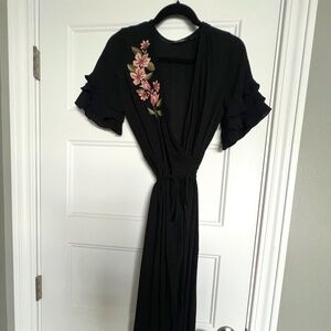 Blu Pepper Black Maxi Wrap Dress – Floral Embroidery, Size Small